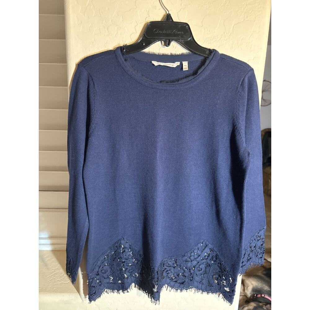 Soft Surroundings Navy Blue Wool Cashmere Blend Lace Trim Tunic Sweater Petite